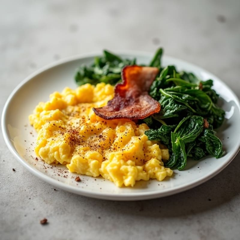 Cottage Cheese Egg Scramble with Sautéed Spinach and Turkey Bacon