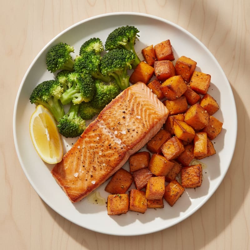 Seared Salmon with Roasted Sweet Potato and Steamed Broccoli
