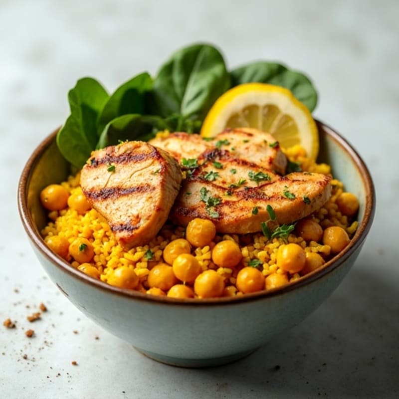 Fragrant Turmeric-Ginger Basmati Rice Bowl with Roasted Chickpeas and Grilled Chicken