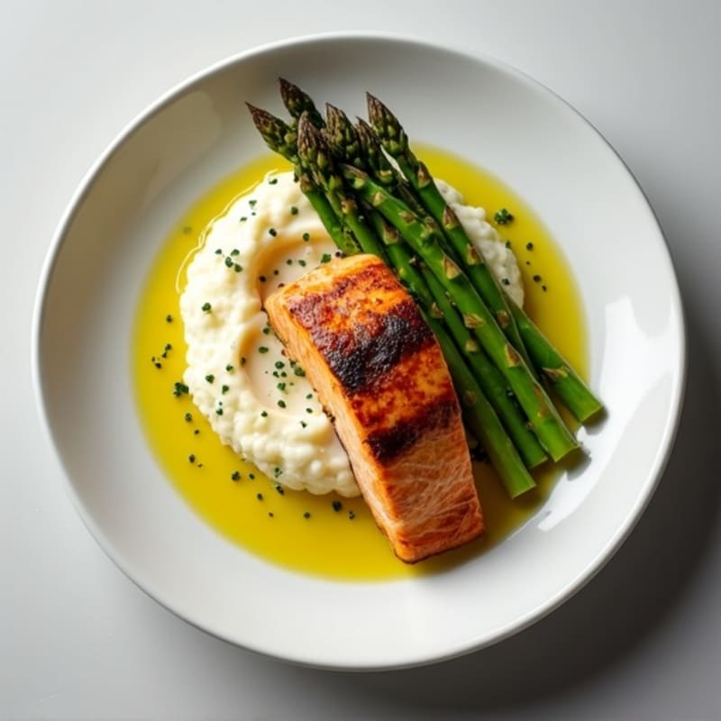 Seared Salmon with Roasted Asparagus and Cauliflower Mash