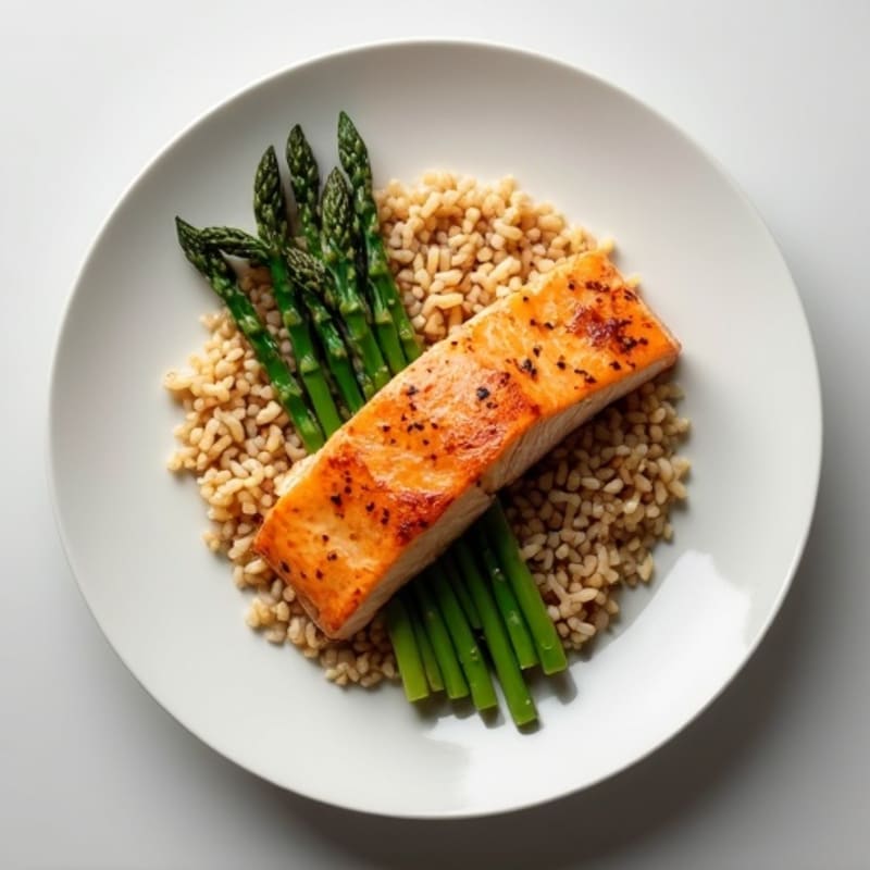 Seared Salmon with Steamed Asparagus and Brown Rice