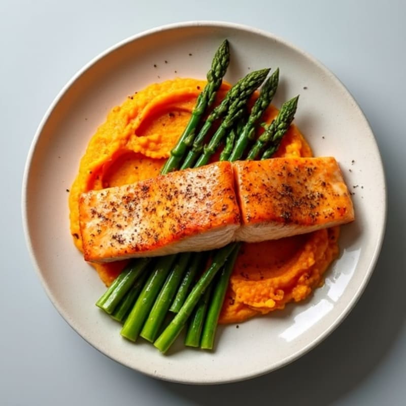 Seared Salmon with Roasted Asparagus and Sweet Potato Mash