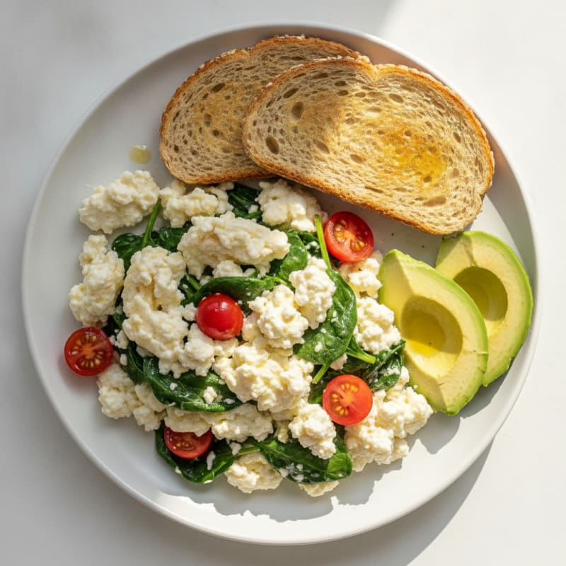 Egg White and Spinach Scramble with Cottage Cheese and Cherry Tomatoes