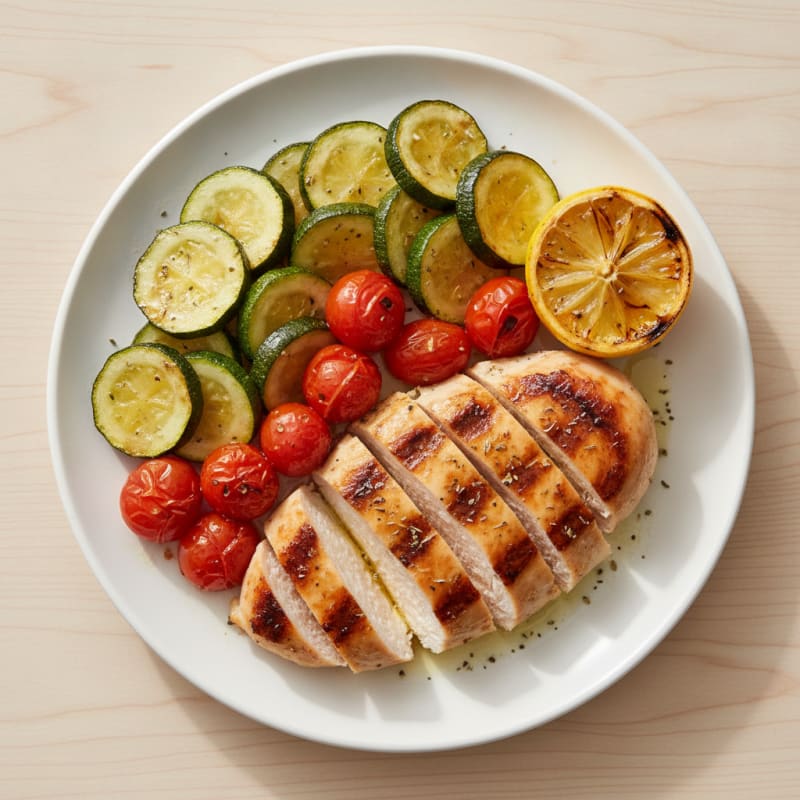 Grilled Chicken Breast with Roasted Zucchini and Cherry Tomatoes