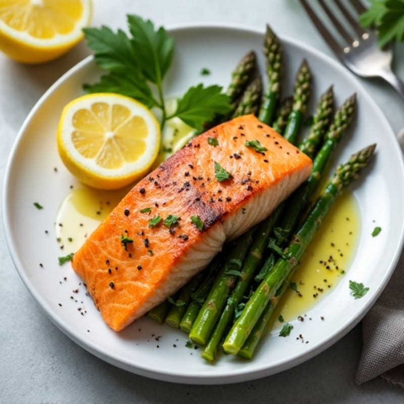 Seared Salmon with Steamed Asparagus and Lemon