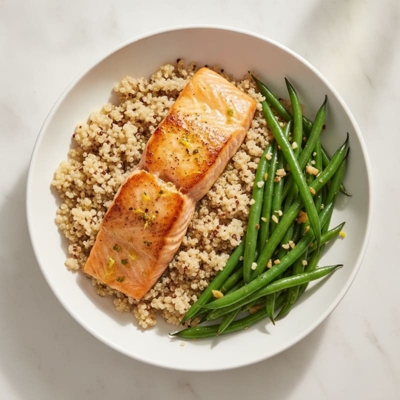 Seared Salmon Fillet with Garlic Green Beans and Quinoa