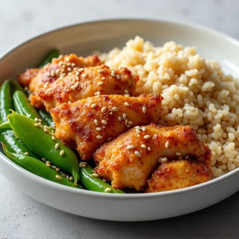 Crispy Sesame Chicken with Brown Rice and Steamed Edamame
