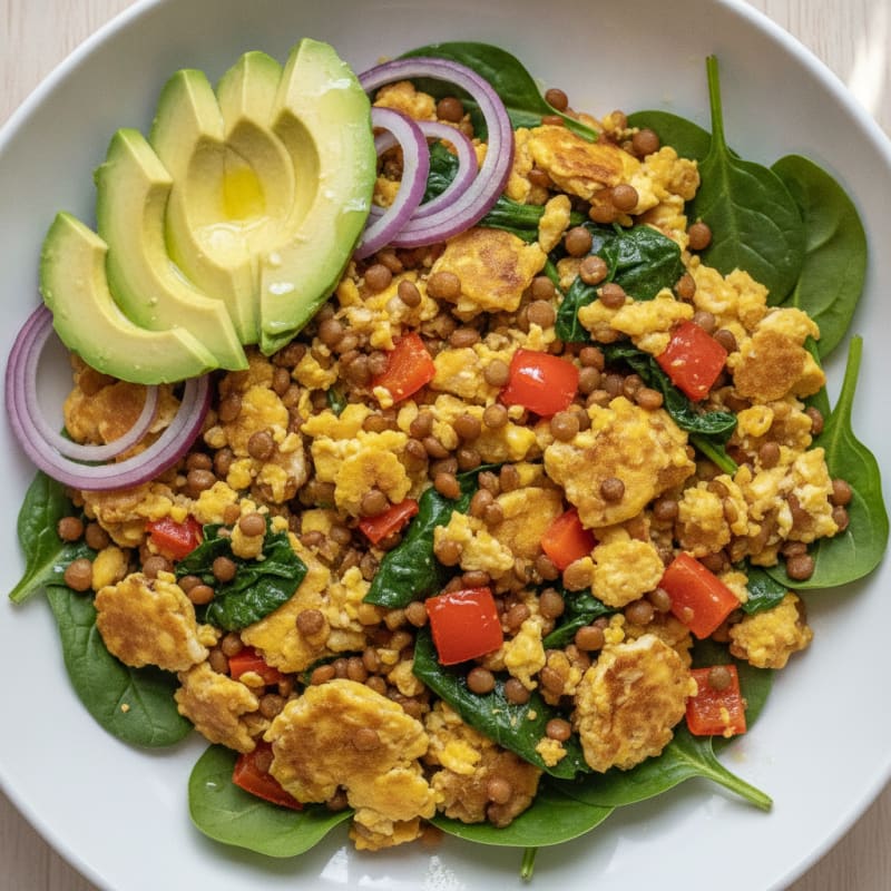 Vegetable and Lentil Egg Scramble with Sautéed Spinach