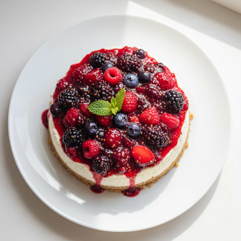 Greek Yogurt Protein Cheesecake with Mixed Berries