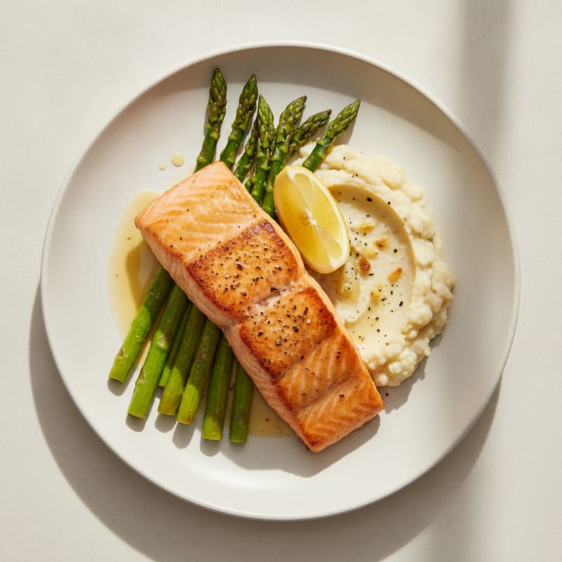 Seared Salmon Filet with Roasted Asparagus and Cauliflower Mash
