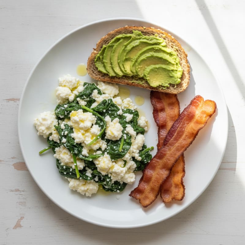 Cottage Cheese Egg White Scramble with Spinach and Turkey Bacon