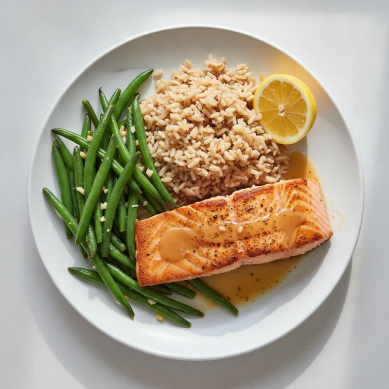 Seared Salmon Fillet with Garlic Green Beans and Brown Rice