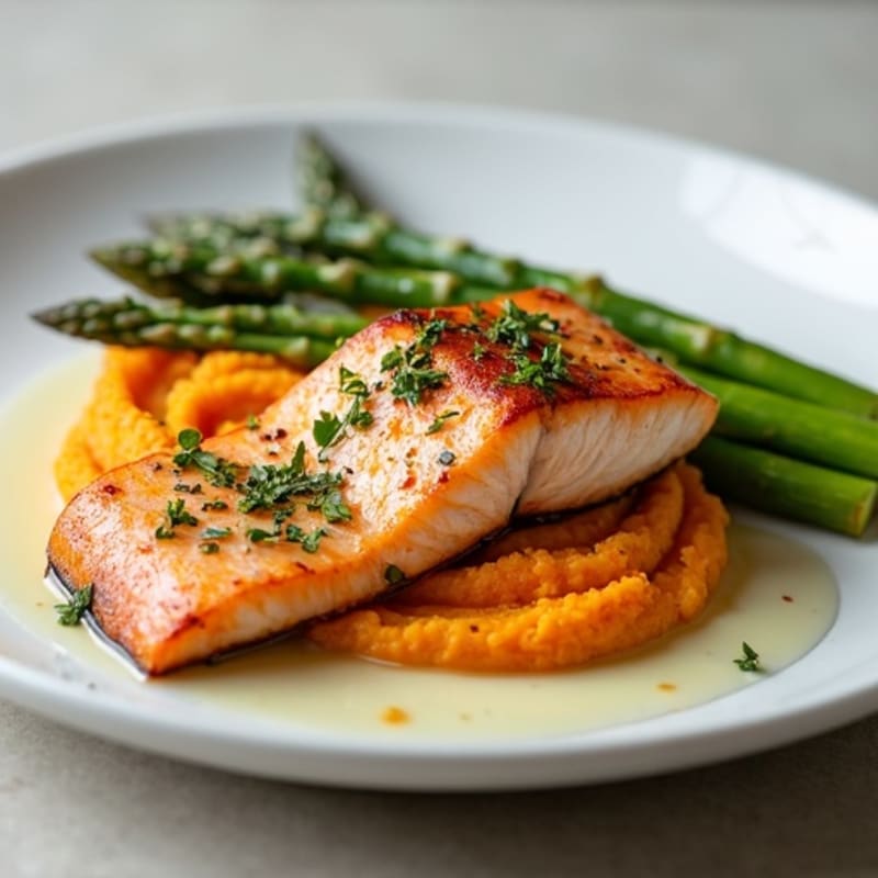 Seared Salmon Fillet with Roasted Asparagus and Sweet Potato Mash