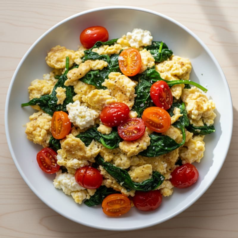 Cottage Cheese Egg Scramble with Spinach and Cherry Tomatoes