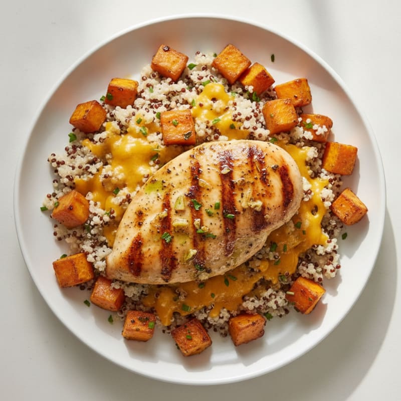 Grilled Chicken Breast with Cheesy Quinoa and Roasted Sweet Potatoes