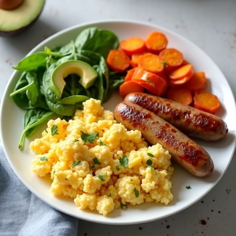 Egg White Scramble with Chicken Sausage and Roasted Sweet Potatoes