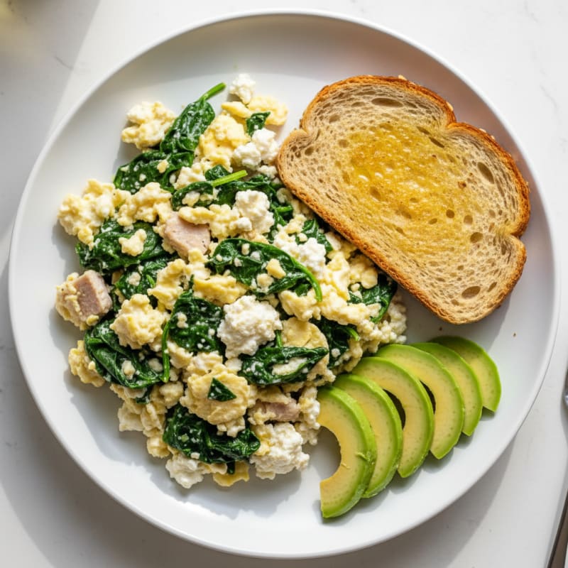 Egg White and Spinach Scramble with Cottage Cheese and Sliced Turkey