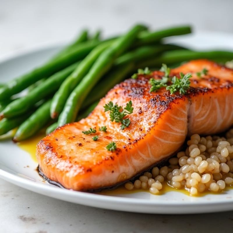 Seared Salmon Fillet with Steamed Green Beans and Brown Rice