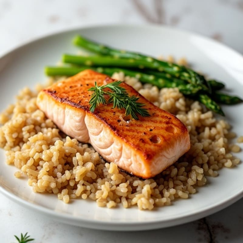 Seared Salmon Fillet with Steamed Asparagus and Brown Rice