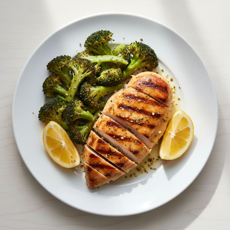 Grilled Chicken Breast with Roasted Broccoli and Lemon