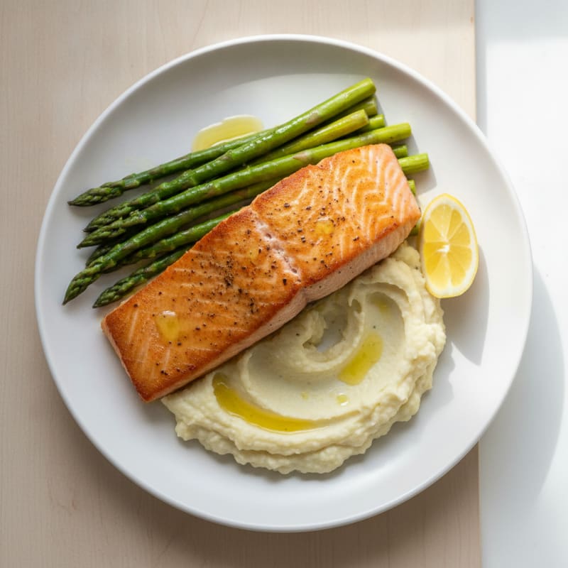 Seared Salmon with Steamed Asparagus and Garlic Cauliflower Mash