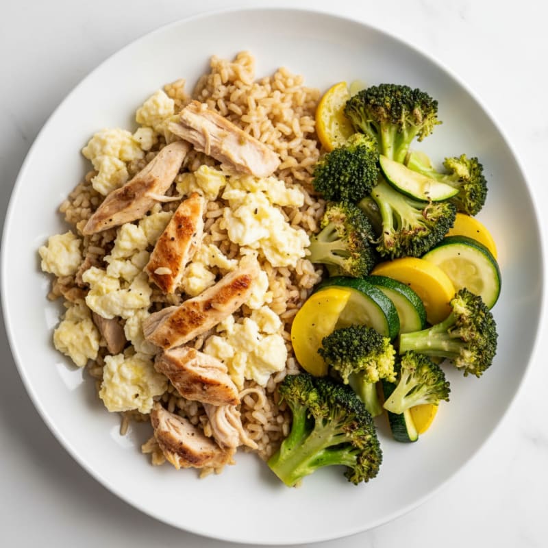 Chicken Egg White Scramble with Roasted Broccoli and Brown Rice