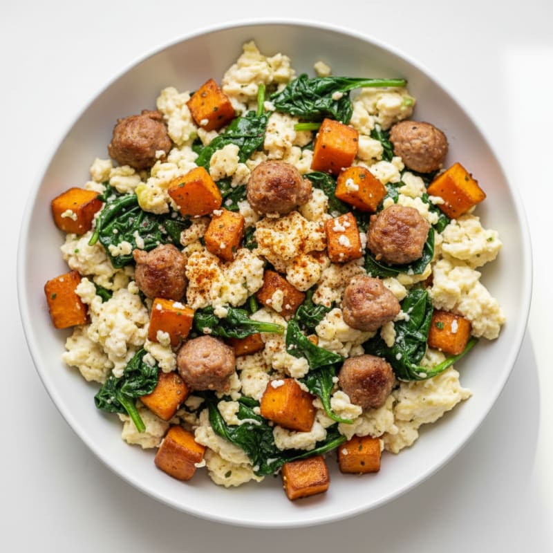 Egg White and Turkey Sausage Scramble with Spinach and Sweet Potato