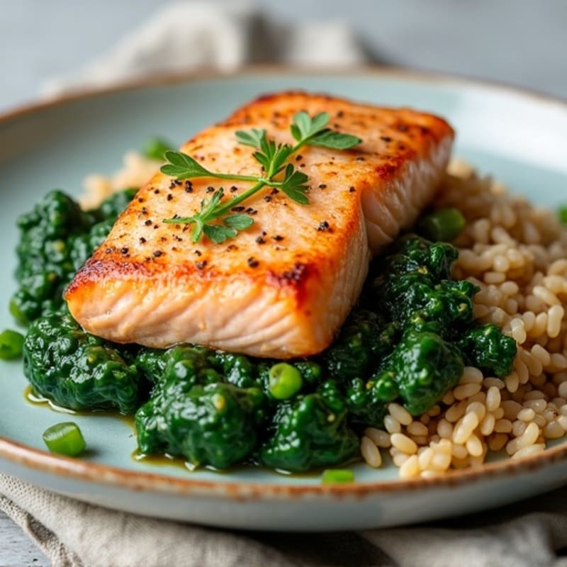 Seared Salmon with Creamy Garlic Spinach and Brown Rice