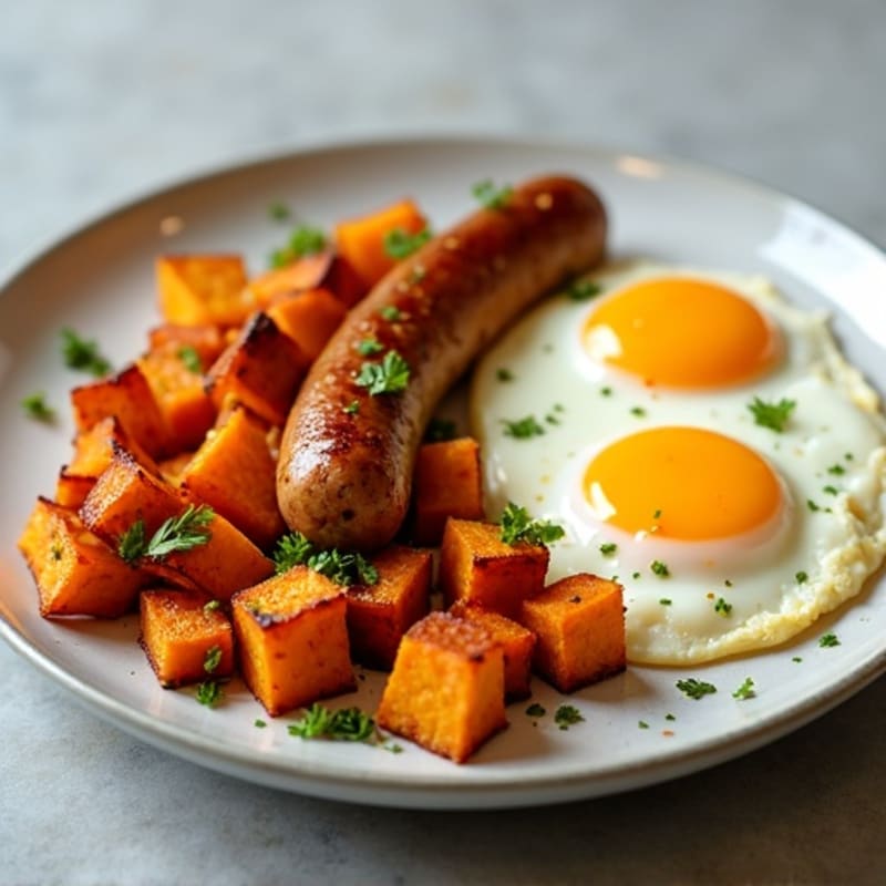 Lean Chicken Sausage, Crispy Sweet Potato, and Scrambled Egg Skillet