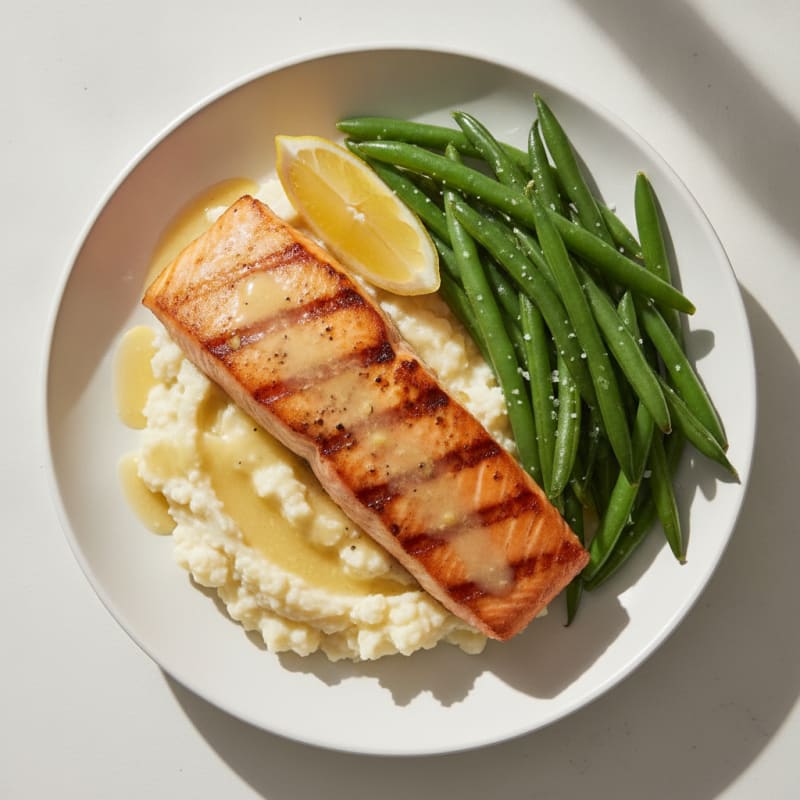Seared Salmon with Steamed Green Beans and Cauliflower Mash
