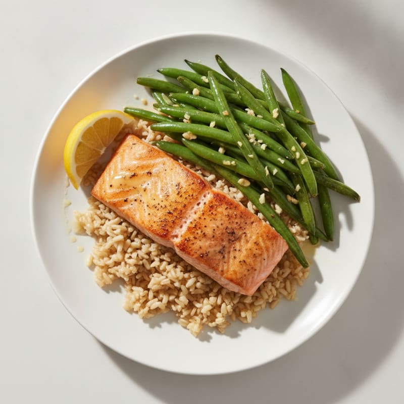 Seared Salmon Fillet with Garlic Green Beans and Brown Rice