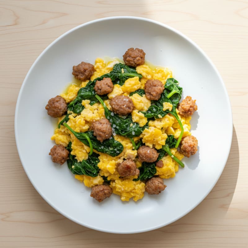 Scrambled Eggs with Turkey Sausage and Sautéed Spinach