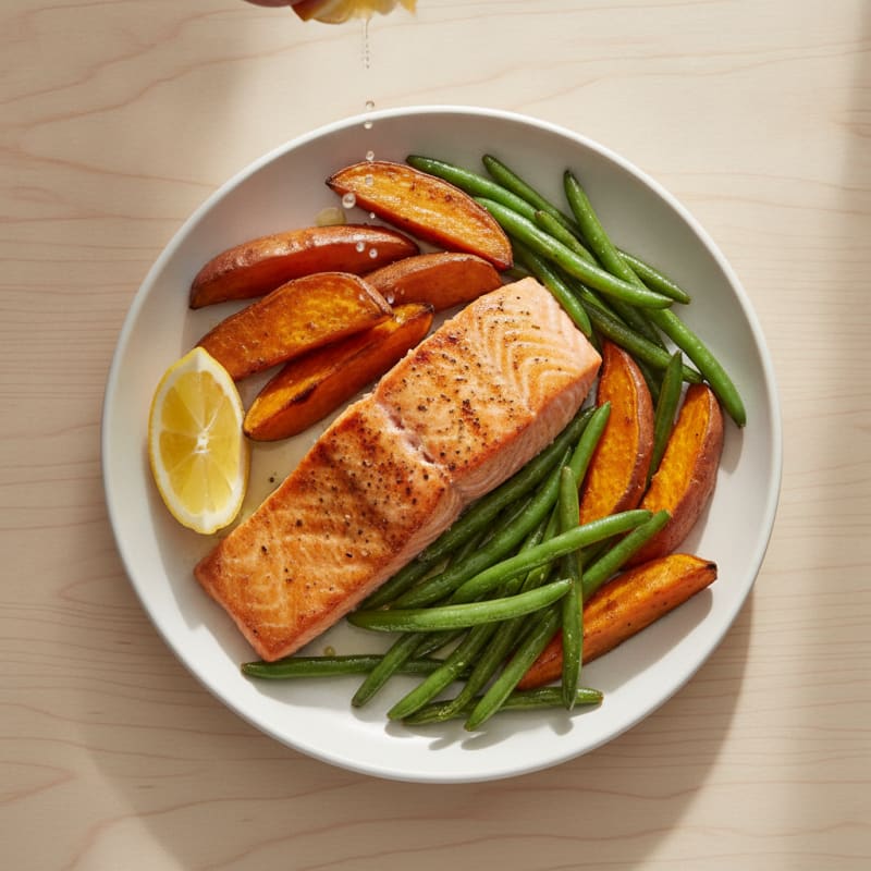 Seared Salmon Fillet with Roasted Sweet Potatoes and Green Beans