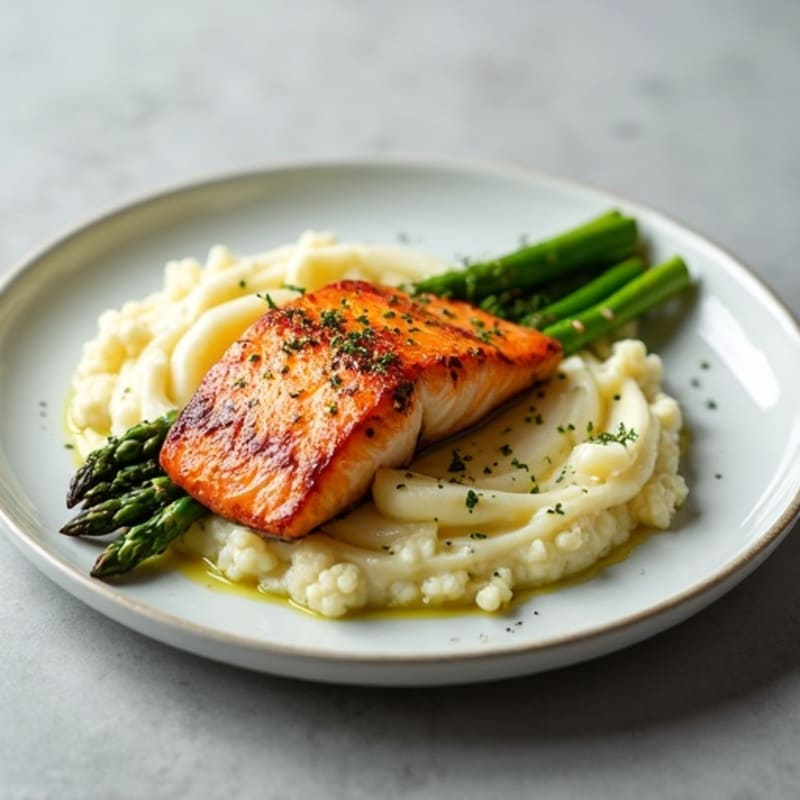 Seared Salmon Fillet with Asparagus and Cauliflower Mash