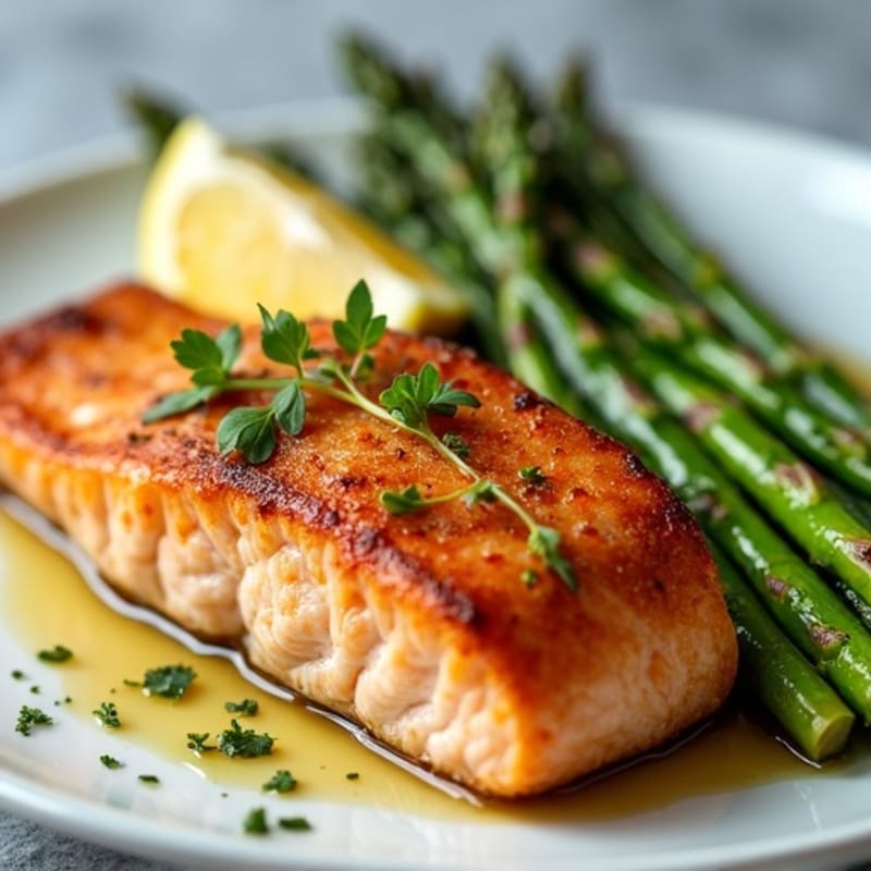 Crispy Pan-Seared Salmon with Roasted Asparagus and Lemon