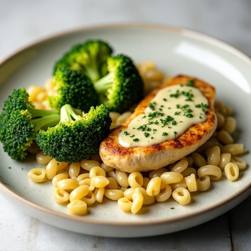 Creamy Pesto Chicken and Whole Wheat Pasta with Roasted Broccoli