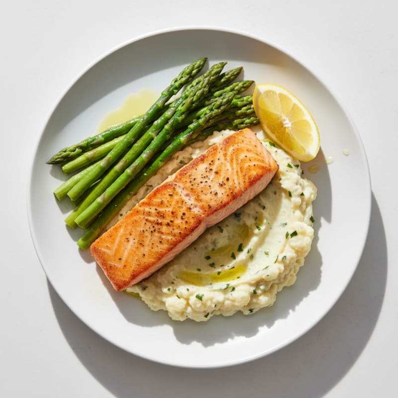 Seared Salmon with Steamed Asparagus and Garlic Mashed Cauliflower