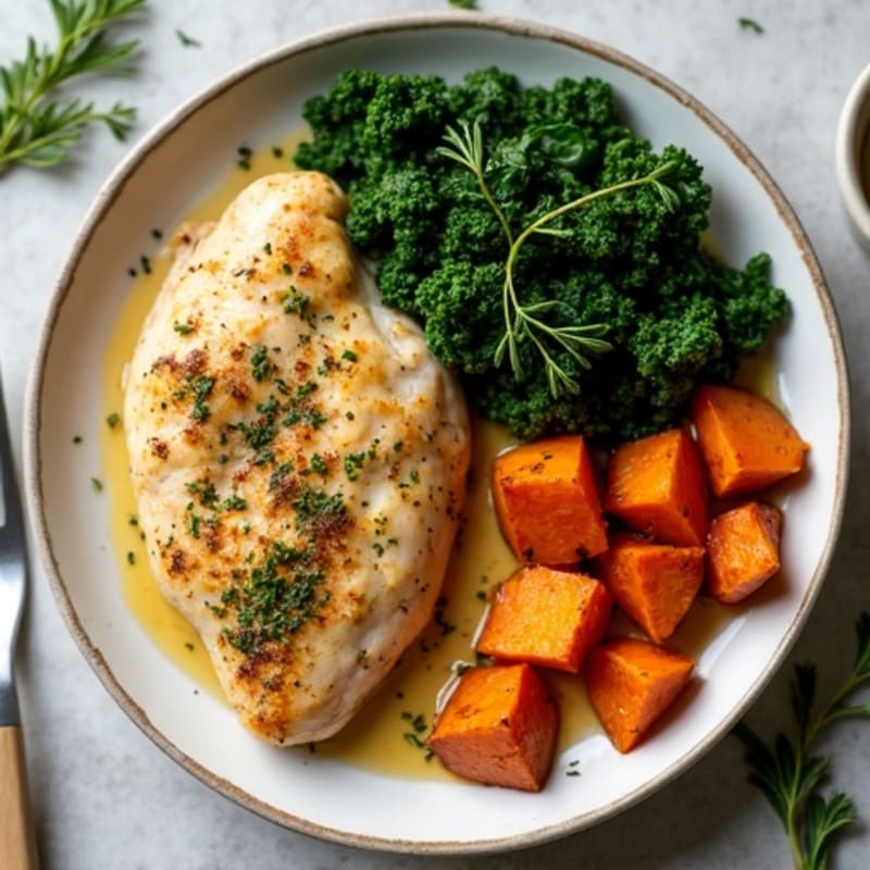 Sheet Pan Lemon Herb Chicken with Roasted Sweet Potatoes and Crispy Kale