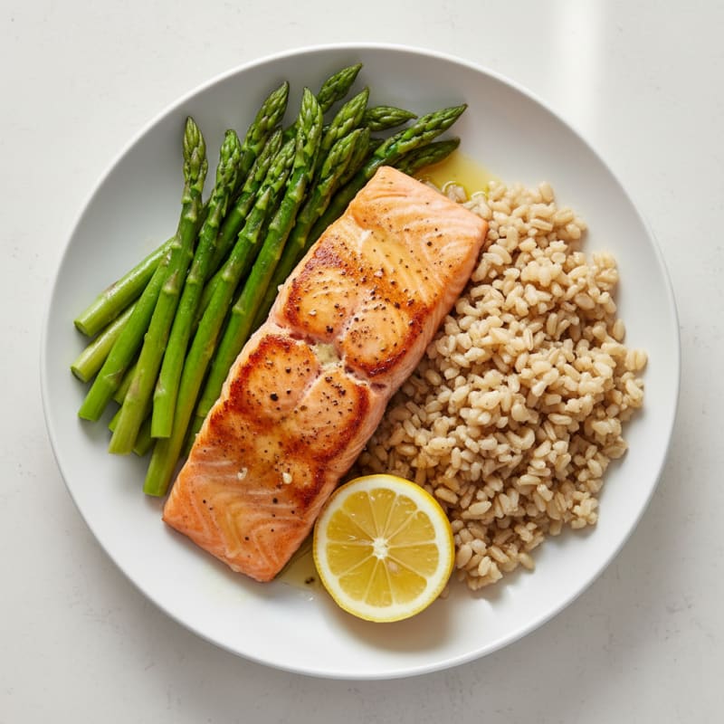 Seared Salmon with Steamed Asparagus and Brown Rice