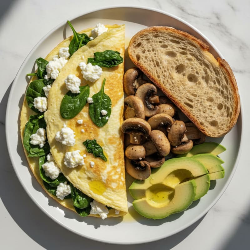 Egg White Spinach Omelette with Cottage Cheese and Sautéed Mushrooms