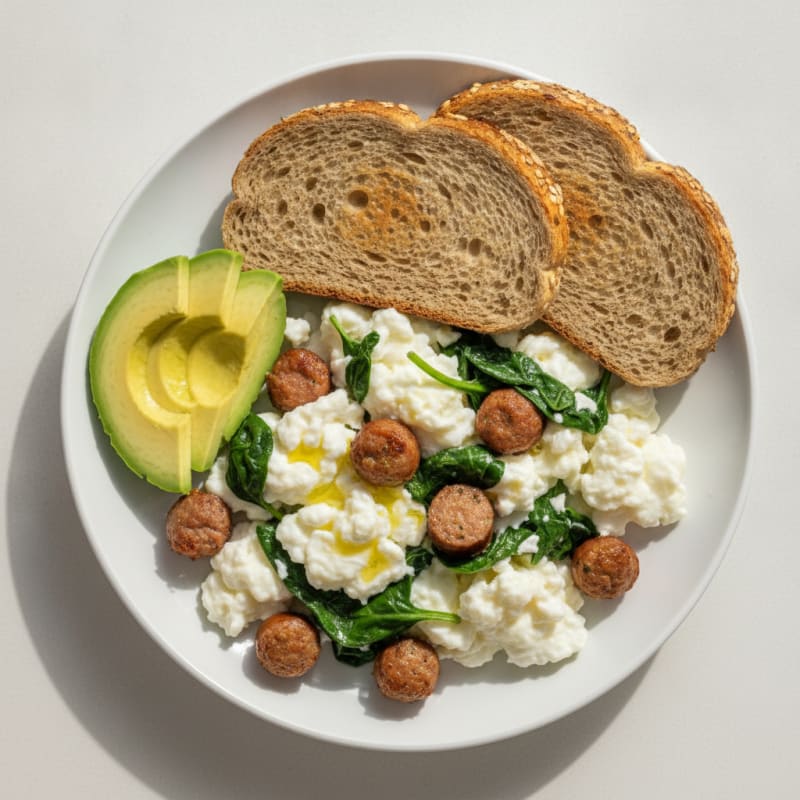 Egg White Spinach Scramble with Turkey Sausage