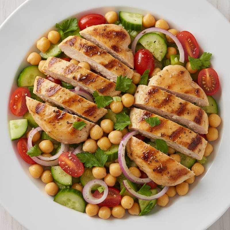 Grilled Chicken and Chickpea Salad with Lemon-Olive Oil Dressing