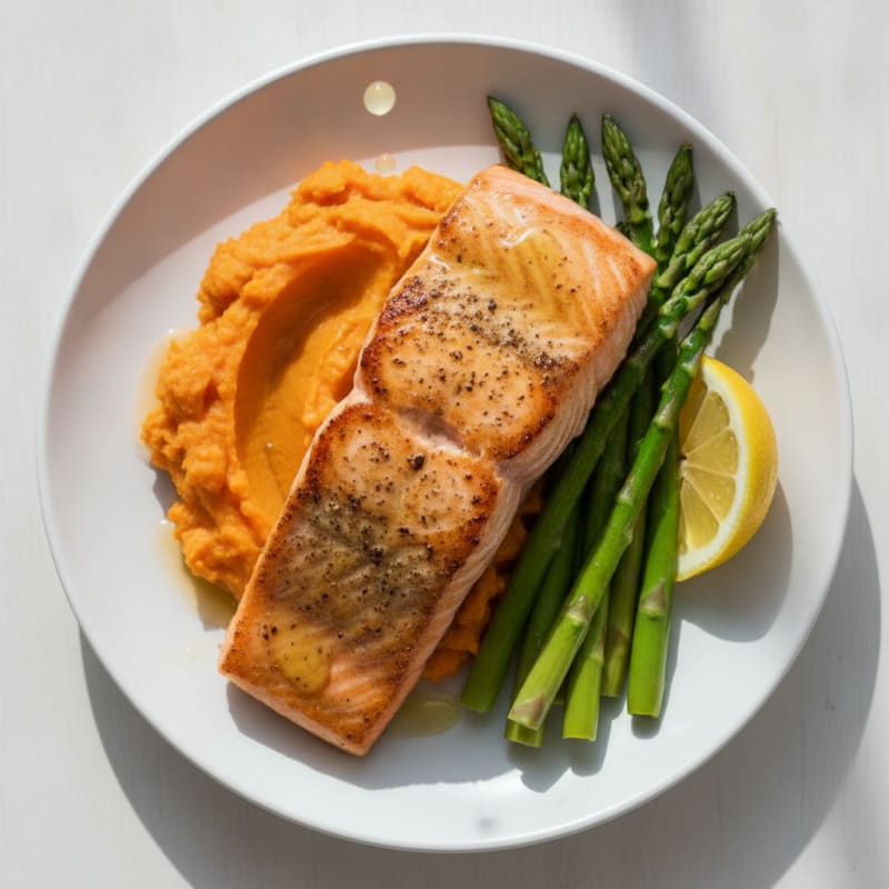 Seared Salmon Fillet with Steamed Asparagus and Mashed Sweet Potato