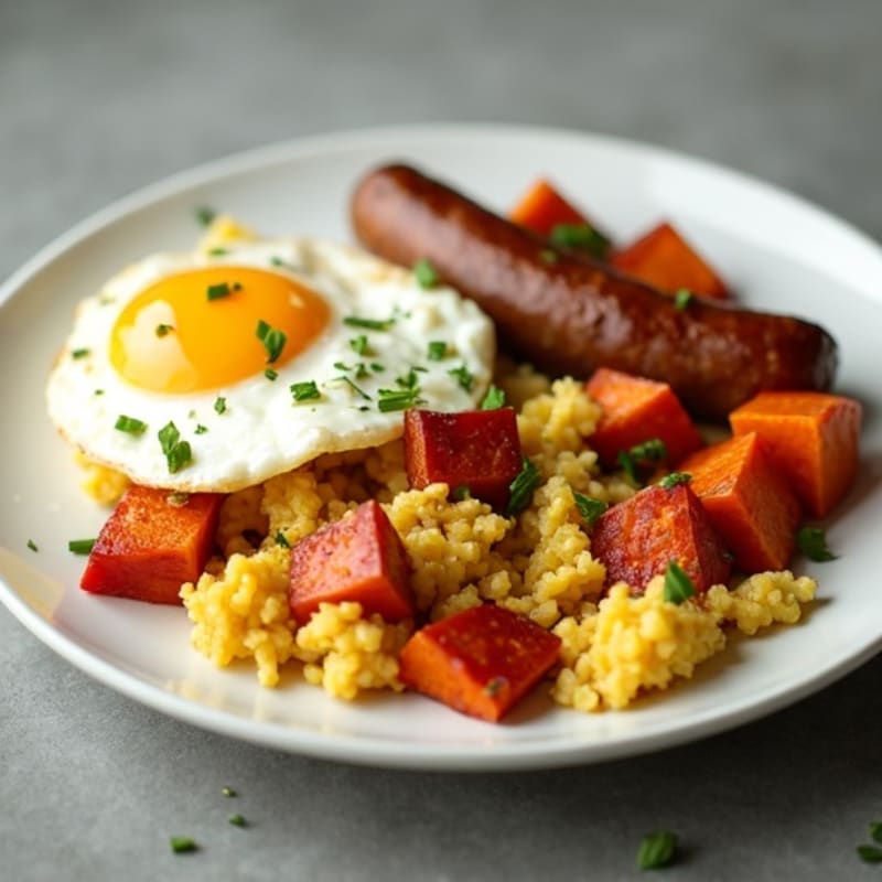 Egg White and Turkey Sausage Scramble with Roasted Sweet Potatoes
