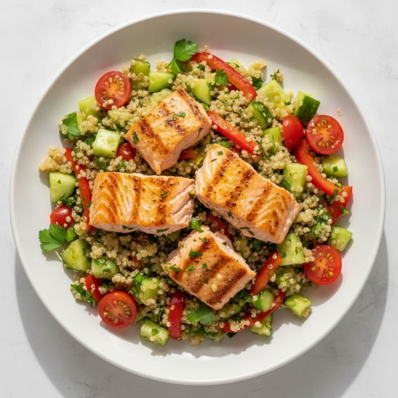 Grilled Salmon and Quinoa Salad with Crisp Vegetables