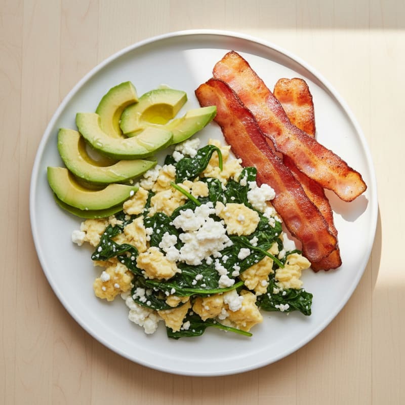 Cottage Cheese Scramble with Sautéed Spinach and Turkey Bacon