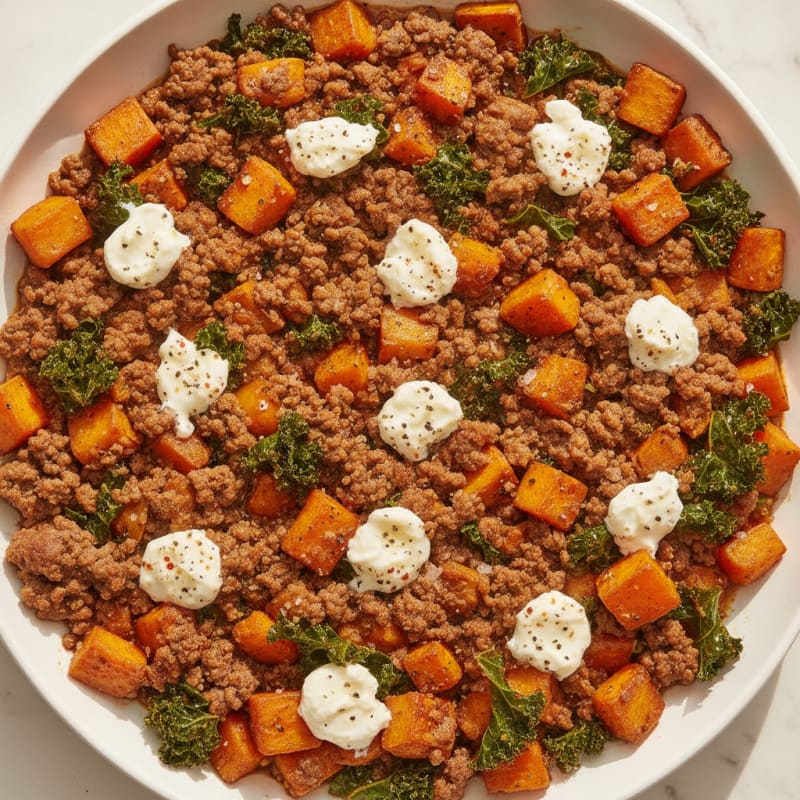 Sweet Potato and Ground Beef Skillet with Goat Cheese
