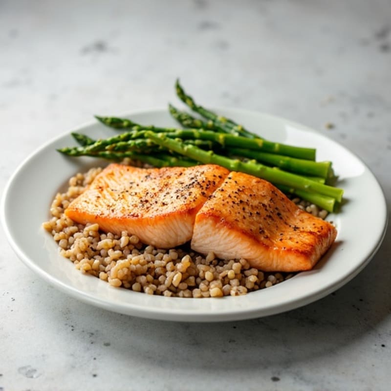 Seared Salmon with Steamed Asparagus and Brown Rice