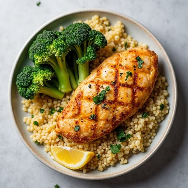 Fluffy Quinoa with Crispy Lemon Herb Chicken and Roasted Broccoli
