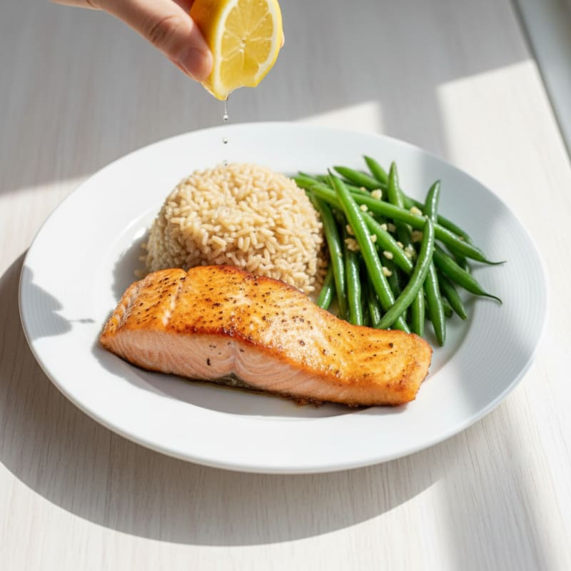 Seared Salmon with Garlic Green Beans and Brown Rice